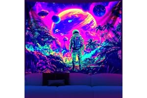 NYZE Tapestry Blacklight Space Astronaut MushroomTapestries Fantasy Forest Trippy Starry Sky Tapestry Cool Wall Hanging Neon Nature Plant Wall Hanging Decor for Bedroom 79X59 in
