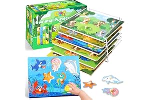 LACCHOUFEE Wooden Puzzles for Toddlers 1-3, 6 Pack Peg Puzzles with Wire Puzzle Holder Rack for Kids, Learning Educational Puzzles for Baby Puzzles 12-18 Months, Savannah Ocean Animal Dinosaurs Montessori Toys