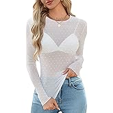 OFEEFAN Womens Mesh Tops Lace Long Sleeve Shirts Crewneck Slim Fitted Outfits See Through Blouses
