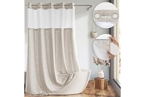 River Dream Farmhouse Linen Textured Shower Curtain with Snap-in Liner Set, No Hooks Needed, with Tassels for Rustic Bathroom Decor,with Window,with Magnets,Linen,71Wx74H
