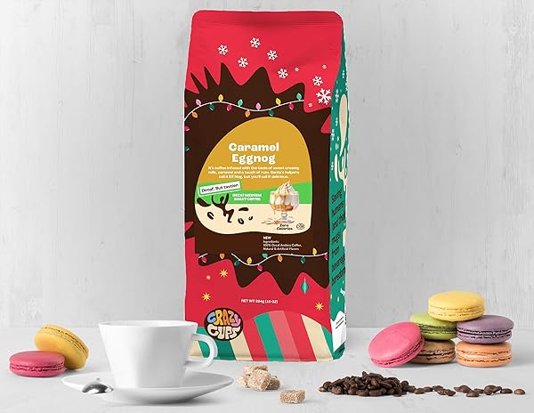 CRAZY CUPS FLAVORED GROUND DECAF EGGNOG COFFEE, DECAFFEINATED CARAMEL EGGNOG IN 10 OZ BAG, FOR BREWING FLAVORED HOT OR ICED COFFEE, (PACK OF 1)
