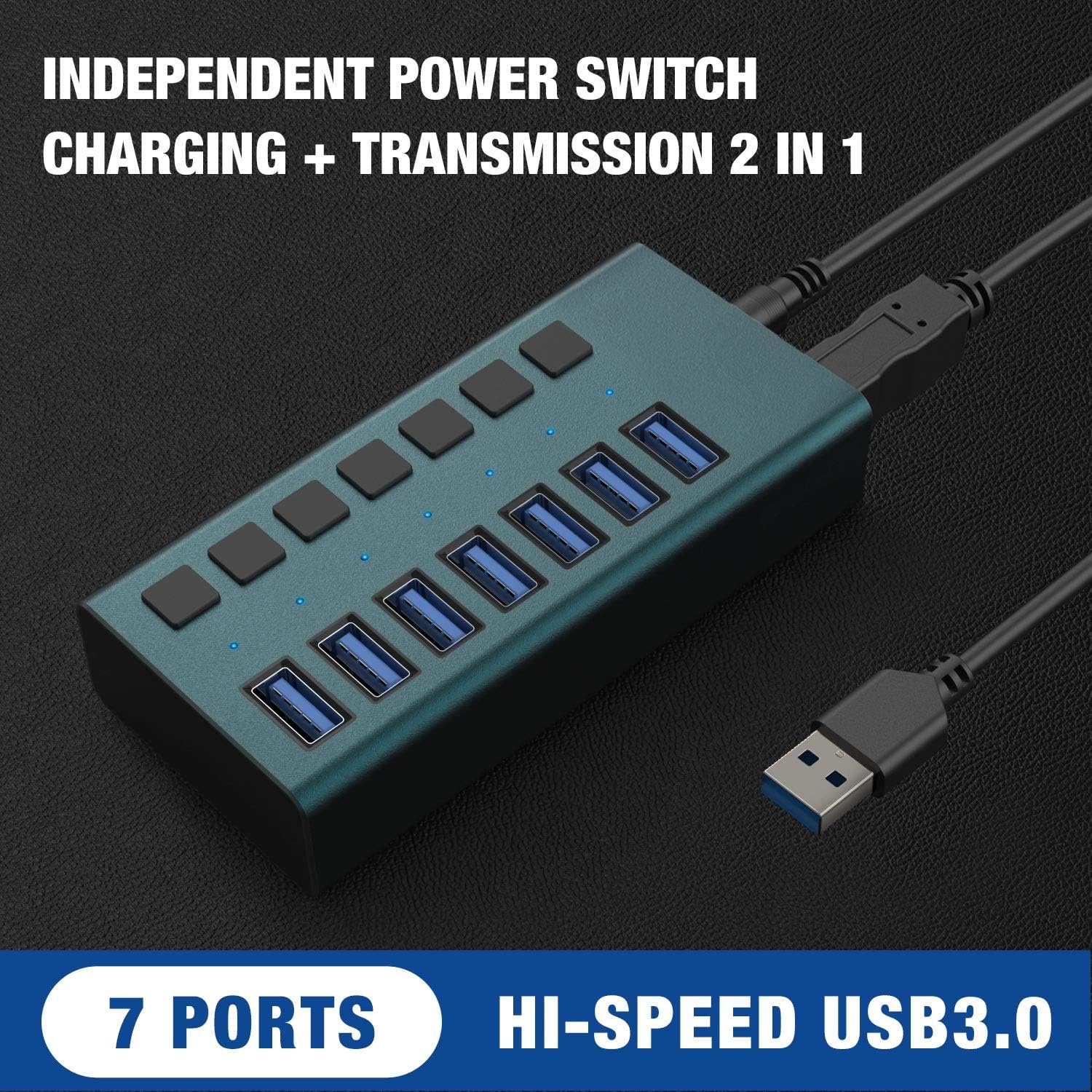USB 3.0 Hub -7 Ports Powered USB Hub 36W USB Charging Hub with Individual On/Off Switches and 12V/3A Power Adapter and Multi-USB Port for PC, Laptop, Computer, Mobile HDD, Flash Drive and More（Green: Computers & Accessories