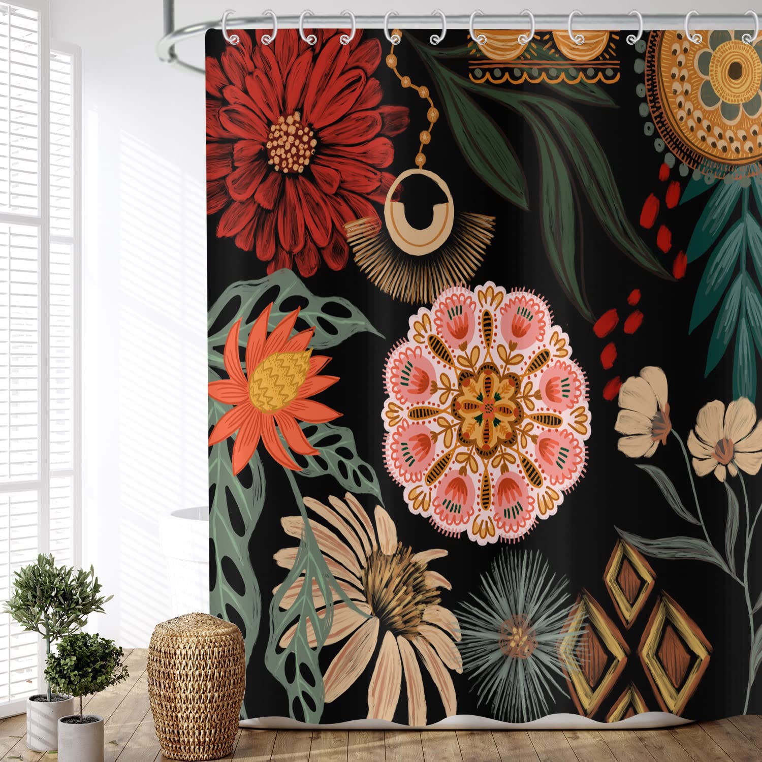 ASDCXZ Shower Curtain Boho Flowers 180x240 cm, Retro Abstract Art Flower Leaves Black Washable Bath Shower Curtains Polyester Textile Waterproof Shower Curtain for Bathtub with 12 Hooks