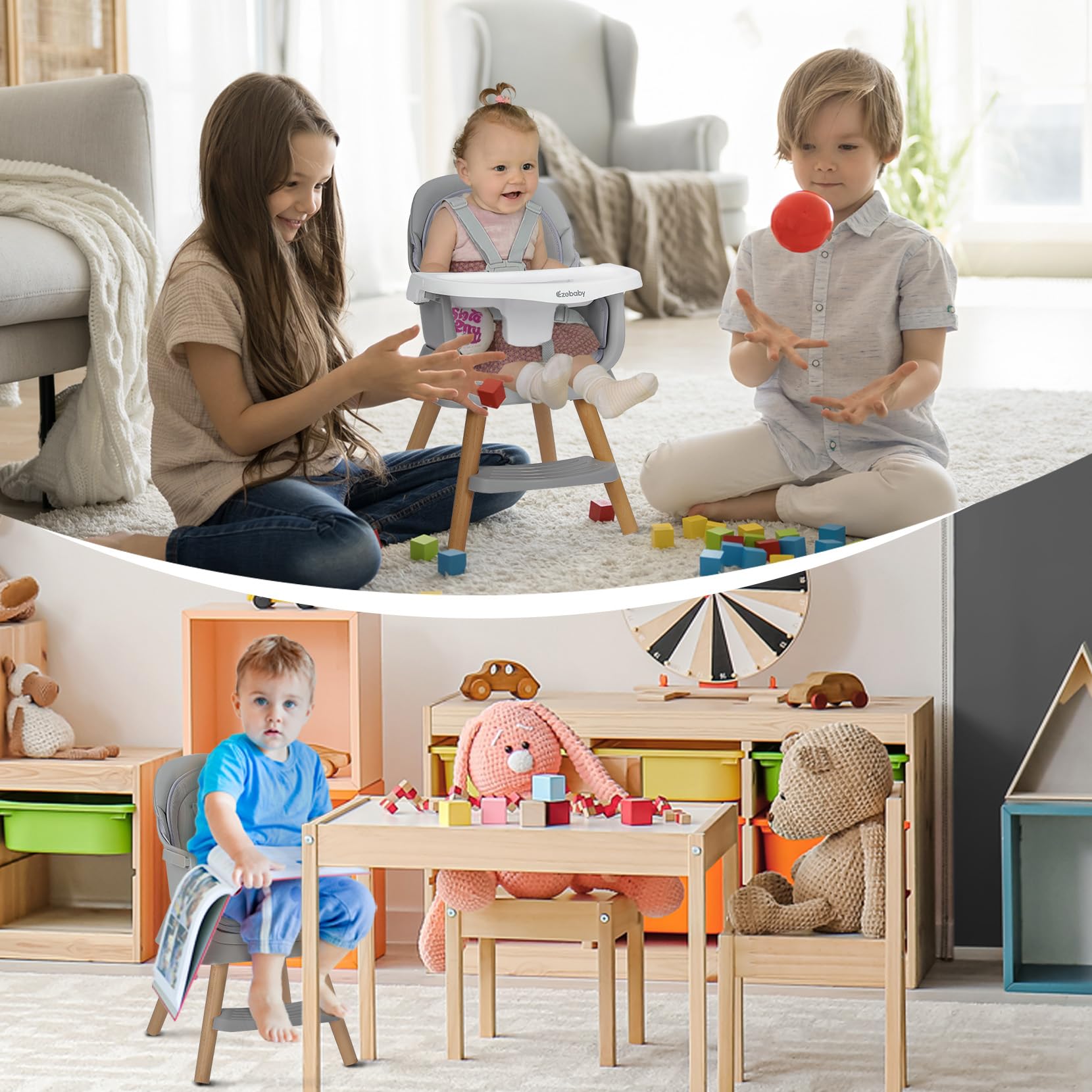 Ezebaby 6 in 1 Wooden High Chairs for Babies and Toddlers, Convertible Portable High Chair, Booster Seat for Dining Table,Toddlers Chair with Adjustable Legs & Dishwasher Safe Tray
