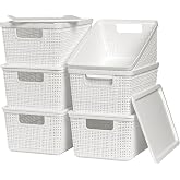 WRRLORS 6 Pack Plastic Storage Baskets with Lid,White Stackable Bins | Durable Woven Plastic With handle Breathable,Save space,For Organizing Desktops, Closets, Playrooms, Classrooms, Offices