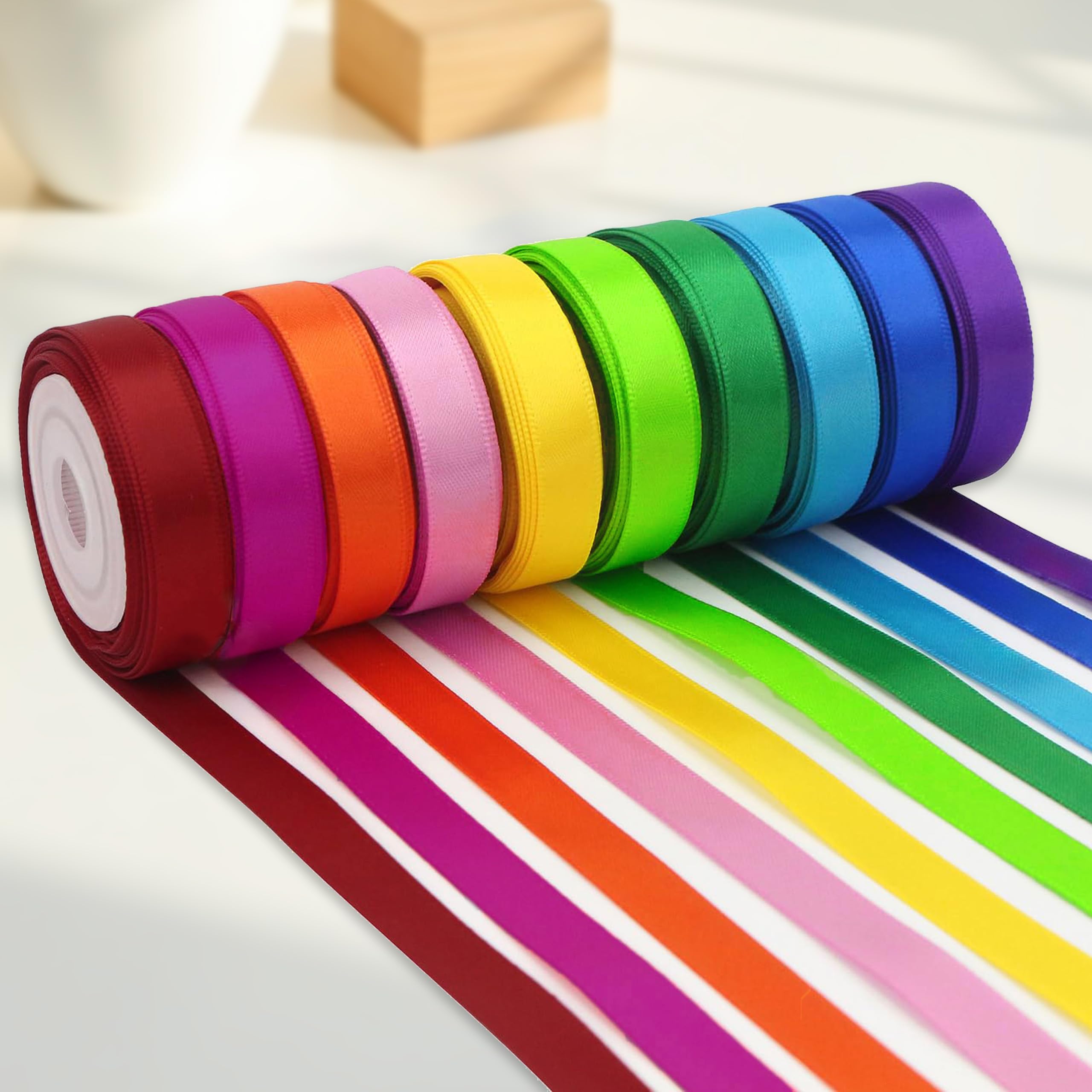 Photo 1 of 10 Rolls 10-Color Satin Ribbon Set - 3/8" x25 Yds Double-Sided, Rainbow Assortment for Crafts, Bouquets, Party Decorations