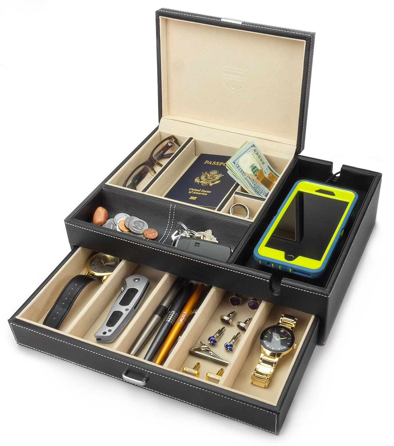 HOUNDSBAY Admiral Big Dresser Valet Box & Mens Jewelry Box Organizer with Large Smartphone Charging Station (Ivory)