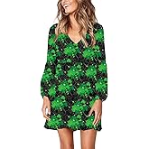 Roshop St Patricks Day Dress Women Bell Sleeve V Neck Cute Lucky Green Clover Irish Shamrock Holiday Dresses