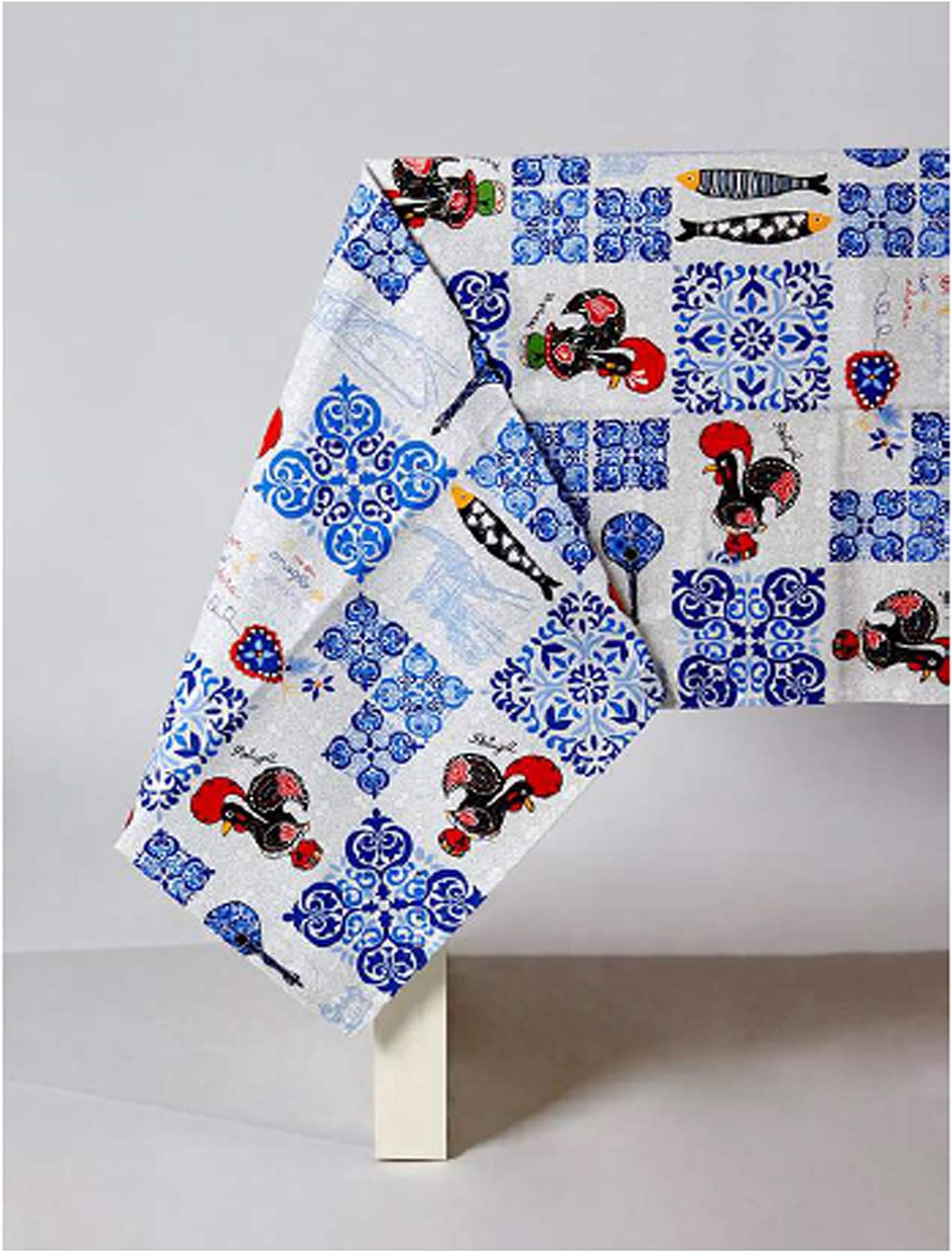 Limol 100% Cotton Portuguese Rooster and Tiles Tablecloth Made in Portugal - Various Sizes (59" X 59" - 150cm x 150cm)