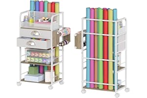 RSAAYEKKT Rolling Craft Storage Cart with 2 Small Fabric Drawers & Lockable Wheels, DIY Organizer for Wrapping Paper, Paints, Brushes, Craft Supplies, Multi-Tier Craft Cart Tape Holder, 16.54x11.4x32.68 Inches