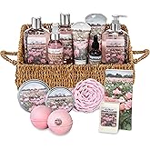 Bath Spa Gift Sets - Luxury Basket With Rose Oil & Peony - Spa Kit Includes Wash, Bubble Bath, Lotion, Bath Salts, Body Scrub, Body Spray, Shower Puff, Bathbombs, Soap and Towel