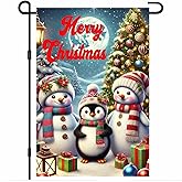 BlissYard Christmas Garden Flag 12x18 Inch Penguin Snowman Banner Double Sided Winter Holiday Tree Scene Outdoor Yard Decoration for Porch Lawn Fence