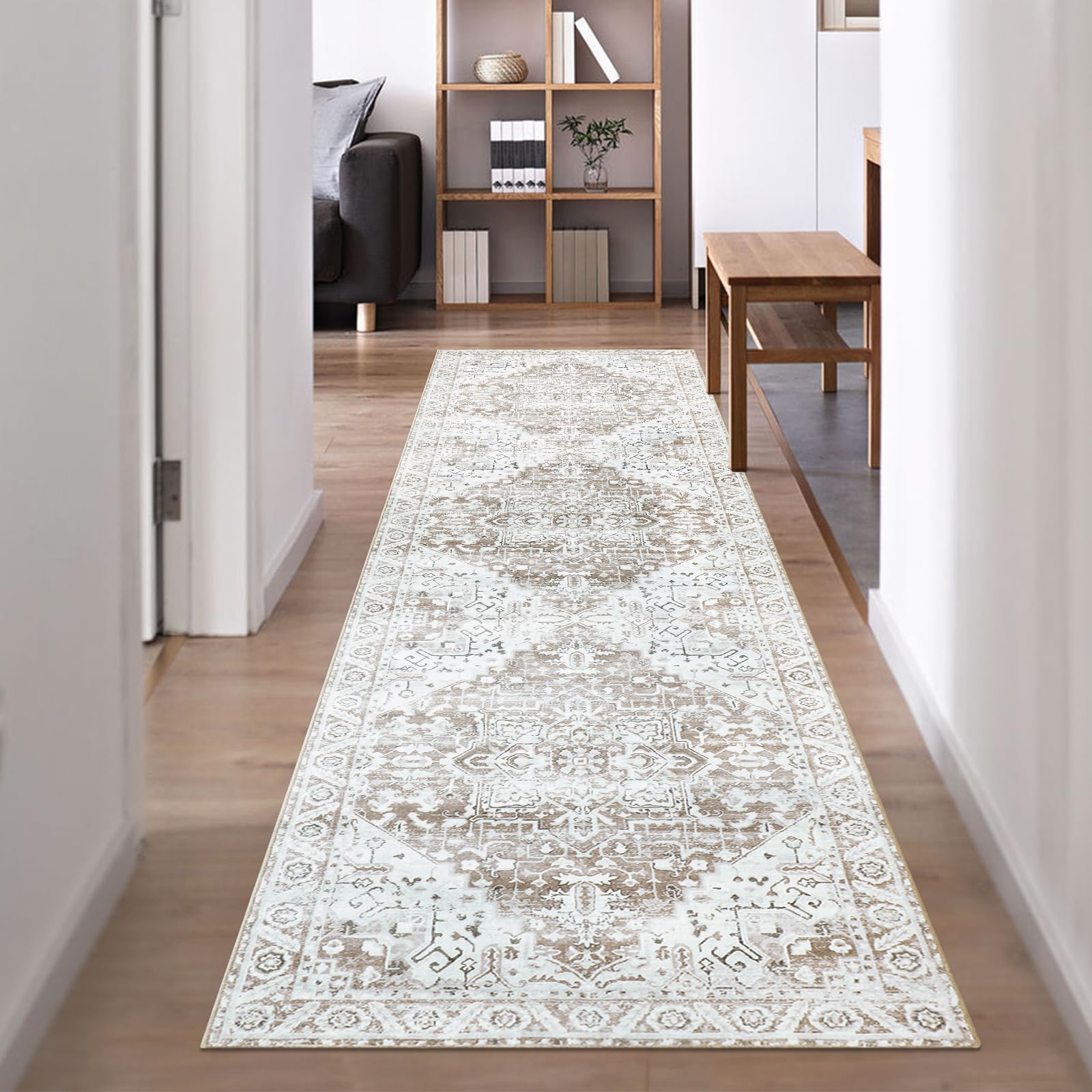 Famibay Hallway Runner Non Slip Runner Rugs for Hallway 65x240cm Long Washable Beige Brown Vintage Kitchen Hall Carpet Floor Rugs for Entryways Bedroom Laundry