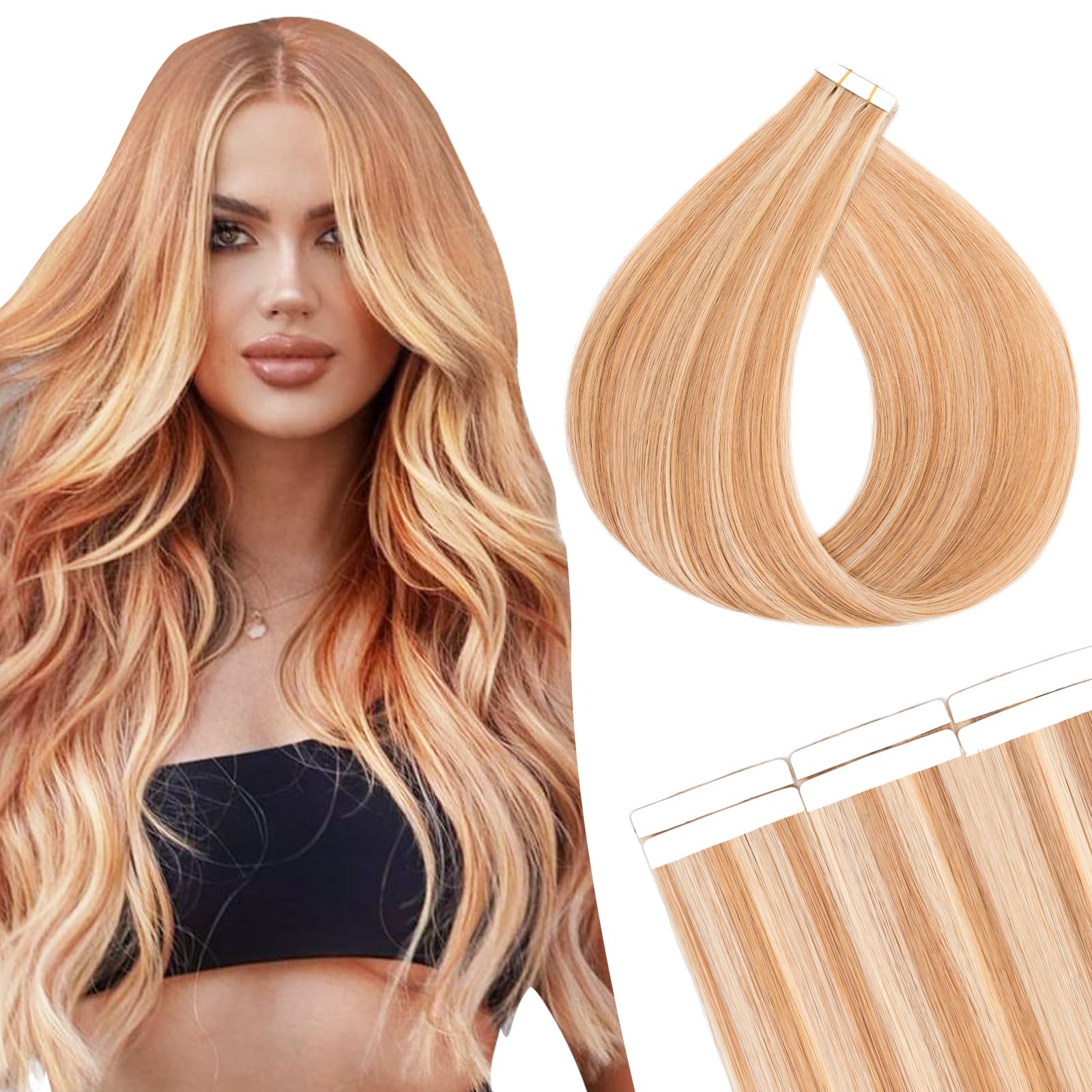 SEGOHAIR 10Pcs Human Hair Tape in Extensions, 22" Thin Tape Hair Extensions, Human Hair Extensions with 5 pcs Replacement Tape Light Golden Brown with Blonde(15g) — image 1