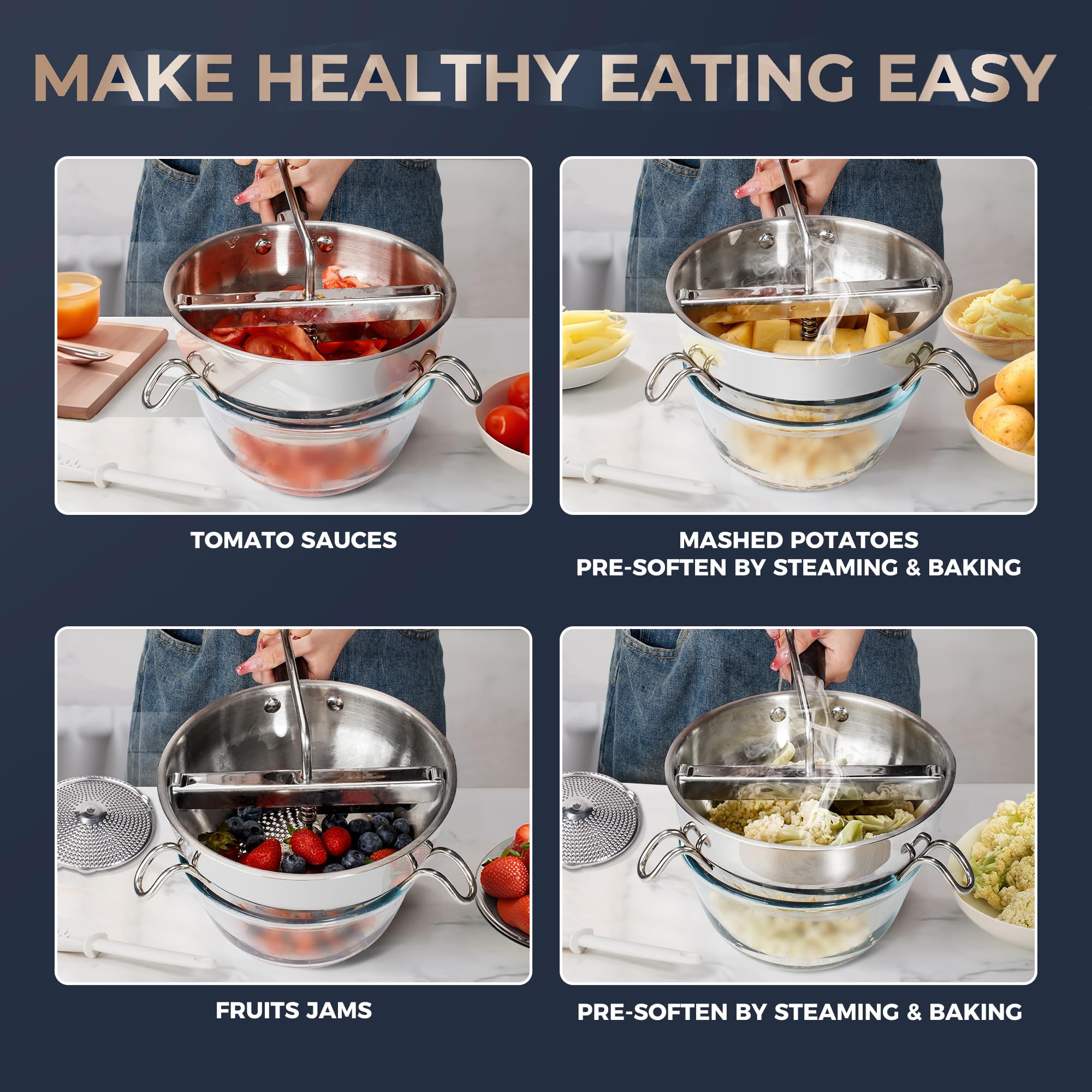 Stainless Steel Food Mill With 3 Milling Discs,Ergonomic design Rotary hand crank Food Mills For Tomato Sauce,Potatoes,Jams,canning, Dishwasher Safe,Includes Multifunctional Spoon,Blue D