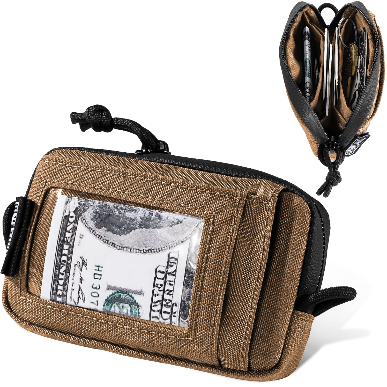 OneTigris Front Pocket Wallet with Zippers Small Coin Purse Tactical Wallet Nylon Minimalist Wallet for Men Women, Coyote Brown