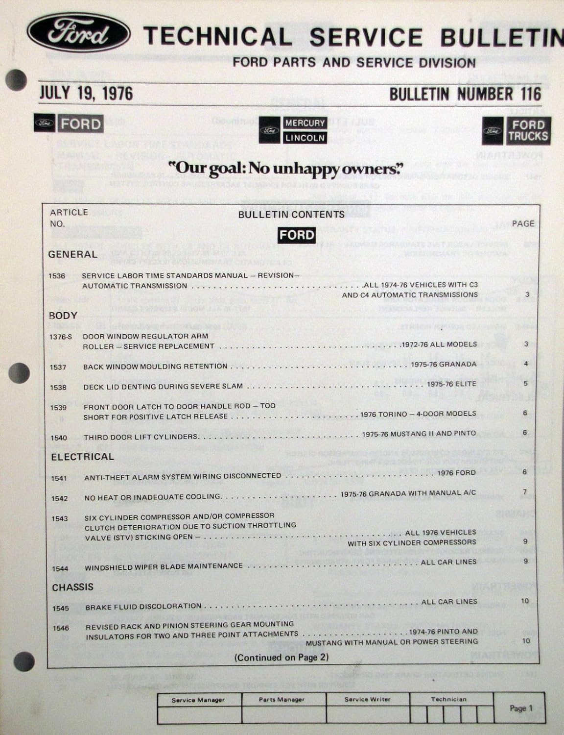 Amazon.com : Ford Technical Service Bulletin #116 dated July 19, 1976 :