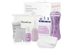 MOMFREE Postpartum Essentials Recovery Kit: Labor Delivery Post Partum 7 Pack Recovery Mom Care Set - Upside Down Peri Bottle | XL Disposable Underwear | Soothing Pads | Perineal Healing Foam | Canvas Bag
