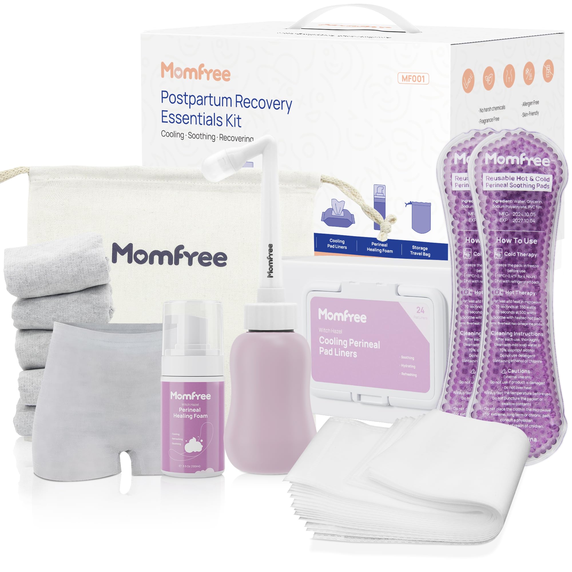Photo 1 of Postpartum Essentials Recovery Kit: Labor Delivery Post Partum 7 Pack Recovery Mom Care Set - Upside Down Peri Bottle | XL Disposable Underwear | Soothing Pads | Perineal Healing Foam | Canvas Bag
