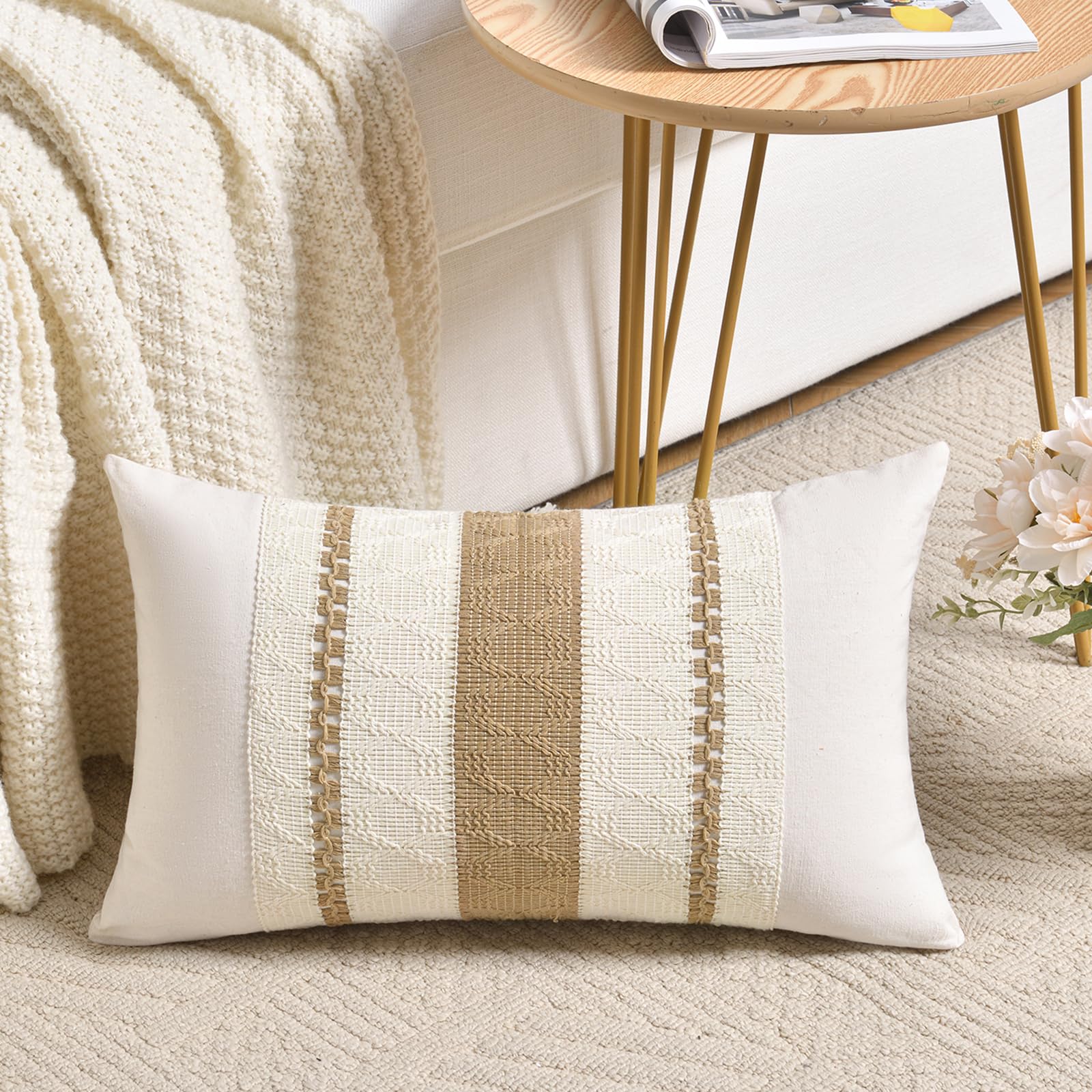 Photo 1 of Fancy Homi Set of 1 Neutral Tan Lumbar Decorative Throw Pillow Cover 12x20 Inch for Couch Bed Sofa Chair, Modern Organic Farmhouse Boho Home Decor, Soft Cotton Cute Accent Taupe Rectangle Cushion Case