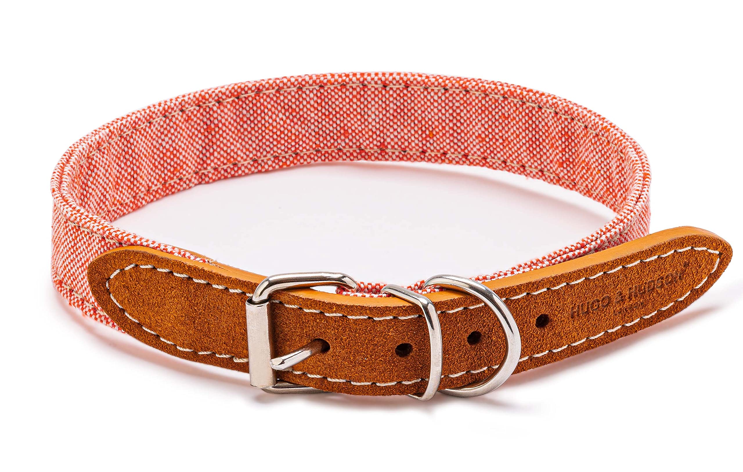 HUGO & HUDSON Luxury Dog Collar Fabric & Suede Leather with Adjustable Metal Buckle, Orange 30cm