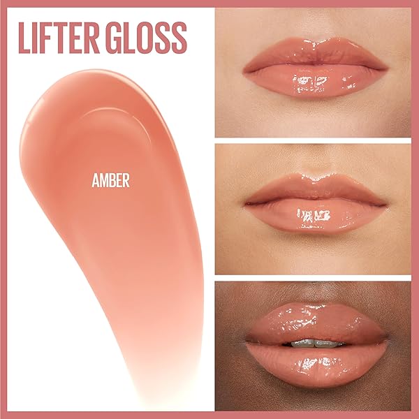 MAYBELLINE LIFTER GLOSS, HYDRATING LIP GLOSS WITH HYALURONIC ACID, HIGH SHINE FOR PLUMPER LOOKING LIPS, AMBER, CREAM NEUTRAL, 0.18 OUNCE