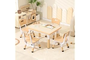 Hulaibit Toddler Table and Chairs, Kids Table and 4 Chairs Set with Graffiti Desktop, Height-Adjustable Kids Study Table for Boys and Girls Aged 3-8, Max 300lbs