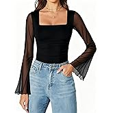 Avidlove Bodysuits for Women Long Bell Sleeve Mesh Square Neck Body Suits Going Out Tops Country Concert Outfits
