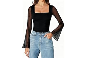 Avidlove Bodysuits for Women Long Bell Sleeve Mesh Square Neck Body Suits Going Out Tops Country Concert Outfits