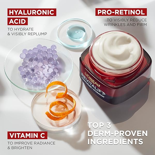 L’OREAL PARIS REVITALIFT TRIPLE POWER ANTI-AGING FACE MOISTURIZER, PRO RETINOL, HYALURONIC ACID & VITAMIN C, REDUCE WRINKLES, FRAGRANCE FREE 1.7 OZ