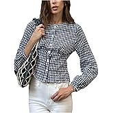 Floerns Women's Gingham Long Sleeve Shirts Crew Neck Casual Fall Button Down Blouses