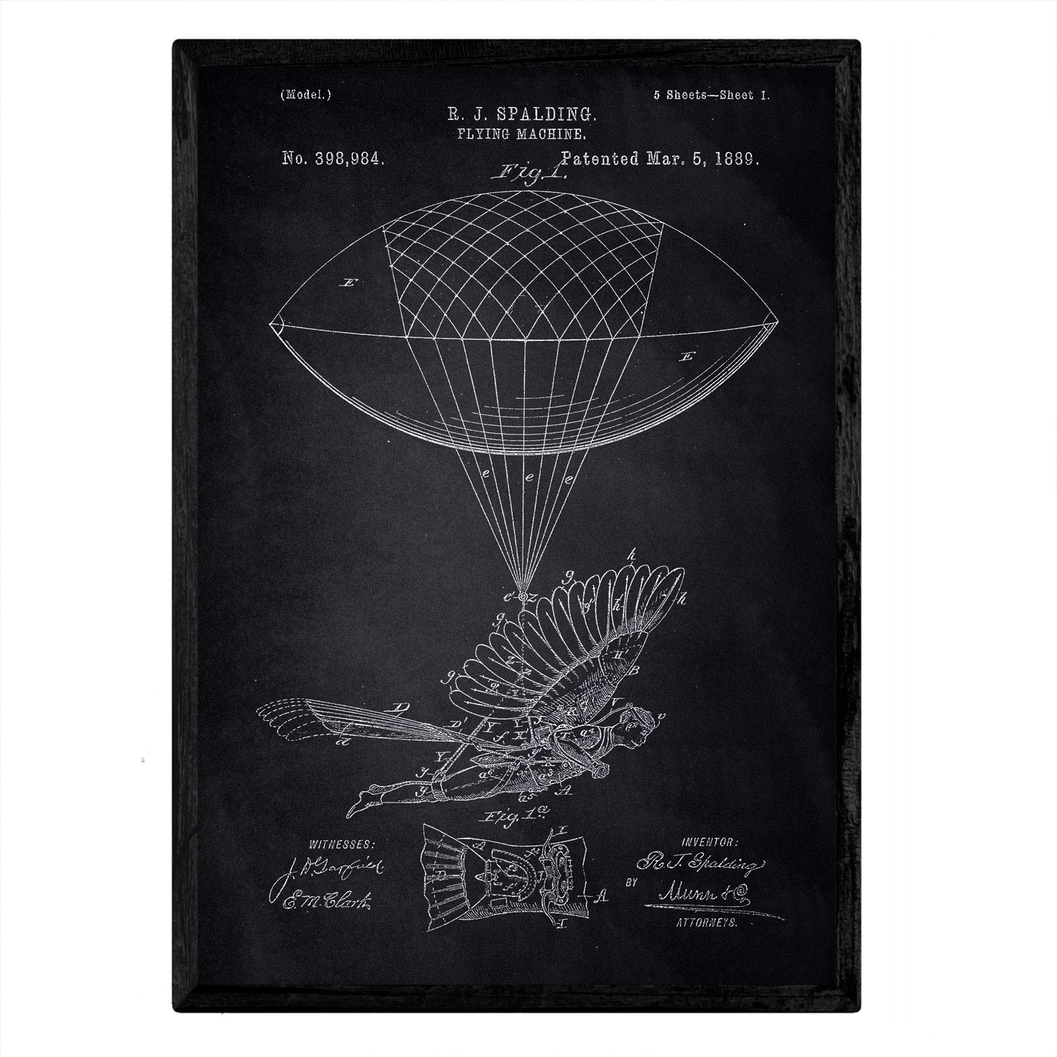 Nacnic Poster human Zepelin patent. Sheet with old design patent A3 size with black background