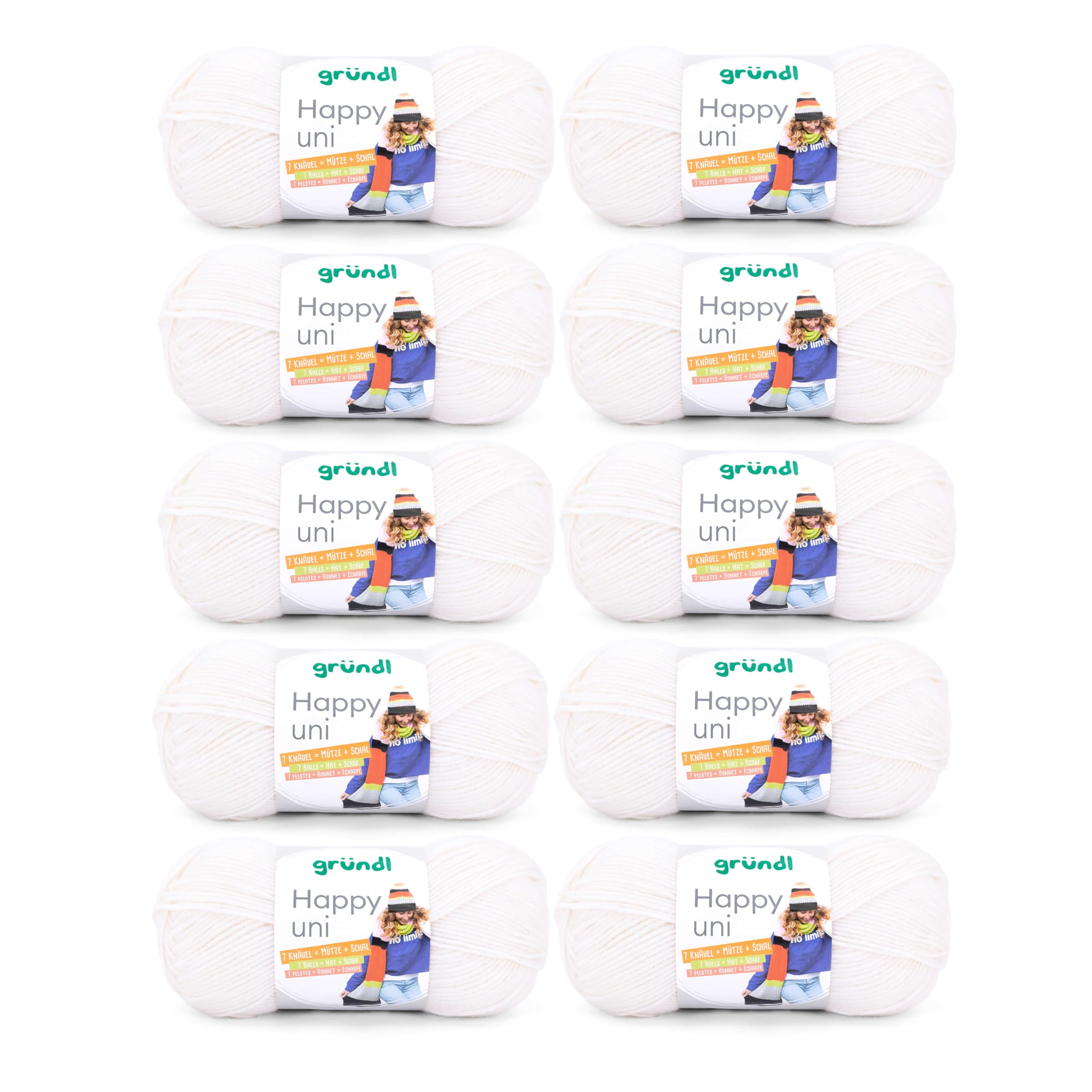 Gründl Happy uni (knitting and crochet yarn with wool-like character made of 100% polyacrylic, anti-pilling, 100 g / 250 m, needle size: 4-5, 10 x 100 g), White