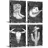Biuteawal Western Cowboy Wall Art 4 Panel Cowboy Hat and Boots Pictures Desert Cactus Cow Skull Painting Southwestern Artwork Prints for Farmhouse Decor