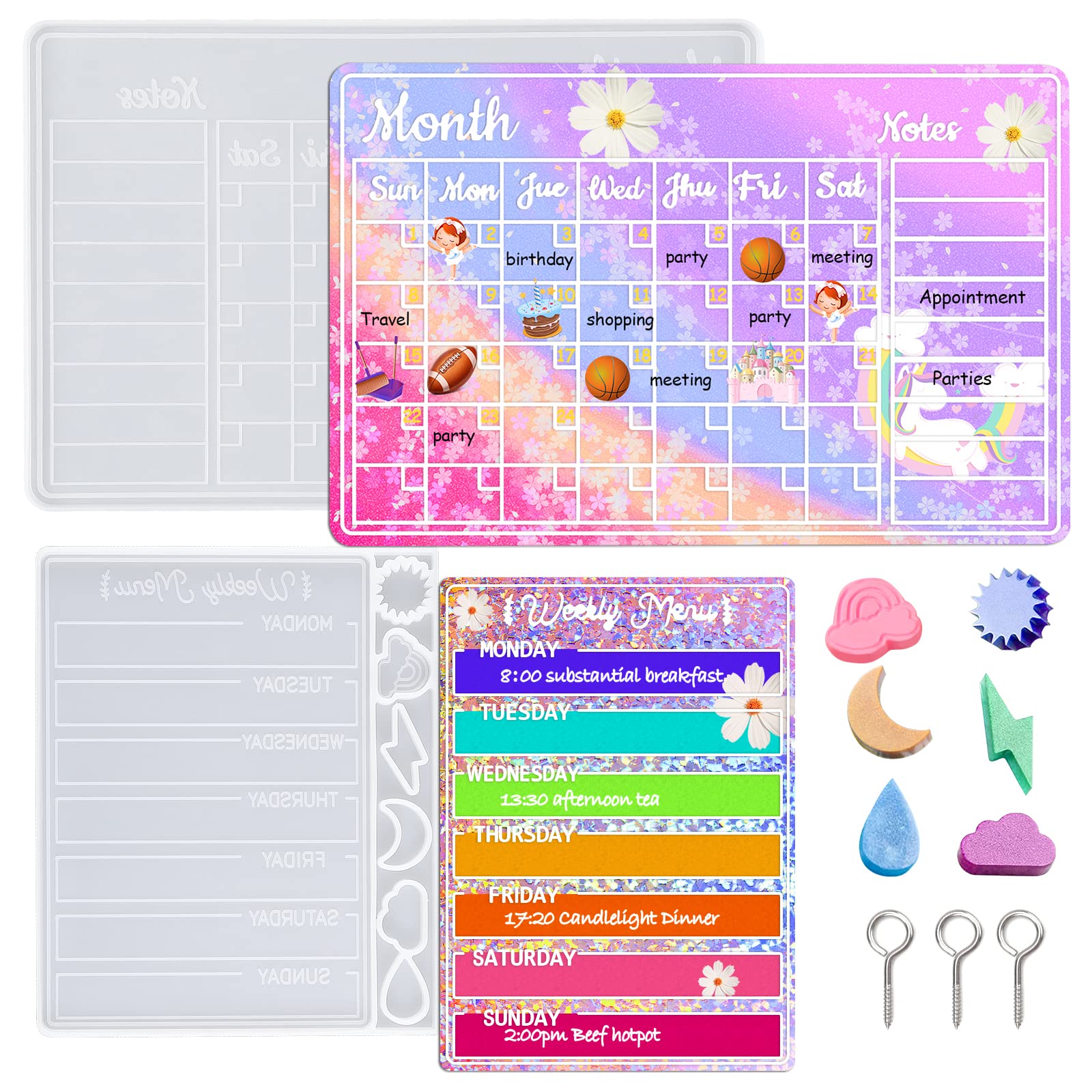 Meetory 2 Pcs Calendar Resin Molds with 50 Pcs Screw Eye Pins, Weekly & Monthly Planner Silicone Molds with Cute Weather Pattern, Epoxy Resin Casting Mold for DIY Crafts