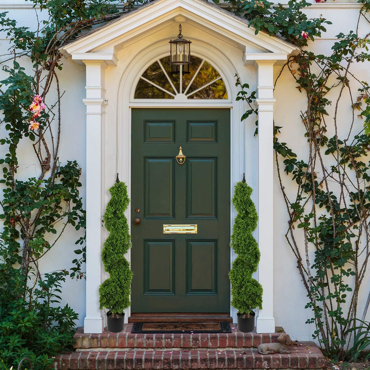 Houseables Artificial Boxwood Topiary, Fake Spiral Trees, 2 Pack, 4’, Plastic Plants, Outdoor Porch Décor, Faux Potted Bushes, Indoor Ornamental Tree, with Finial, for Front Door, Tall Entryway Shrubs -