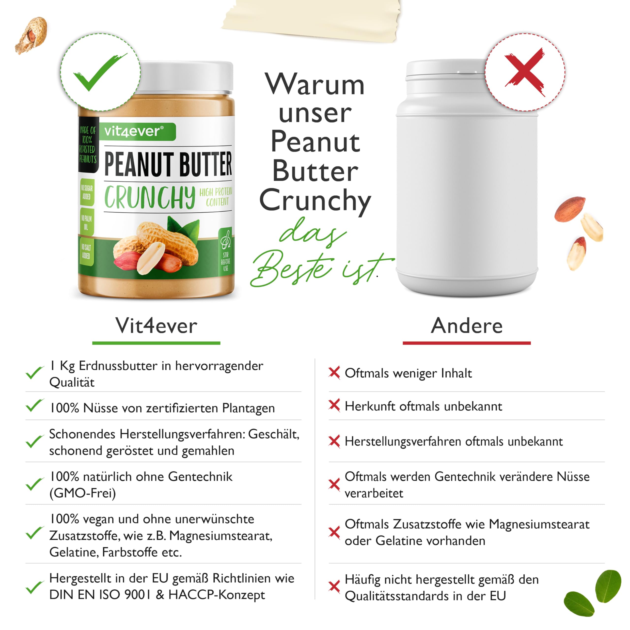 Erdnussbutter Crunchy - 1kg natürliche Peanut Butter Ohne Zusätze - High Protein - Erdnussmus ohne Zusätze von Salz, Öl oder Palmfett - Vegan 3