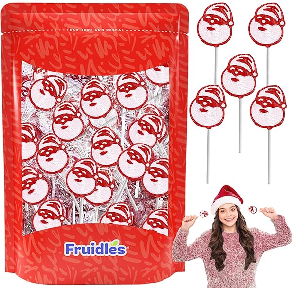 FRUIDLES CHRISTMAS SANTA CLAUSE LOLLIPOP, MIXED FRUIT FLAVOR, MADE IN BRAZIL, INDIVIDUALLY WRAPPED, 15G POPS, APPROX. 30 POPS POUND (HALF-POUND)