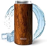 Snute Can Cooler for Beer, Soda, Sparkling Water | Vacuum Insulated Stainless Steel Drink Sleeve Holder for 12oz Can (Wood, Slim)