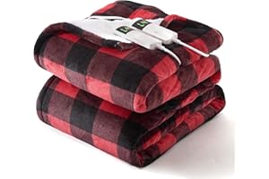 NEXHOME PRO Plaid Heated Electric Blanket Queen Size - 90"x90" Red Heating Blankets Warm Soft Flannel Sherpa Throw with Dual Controllers,Fast Heating,4 Heat & 10 Hours Auto Off, Machine Washable