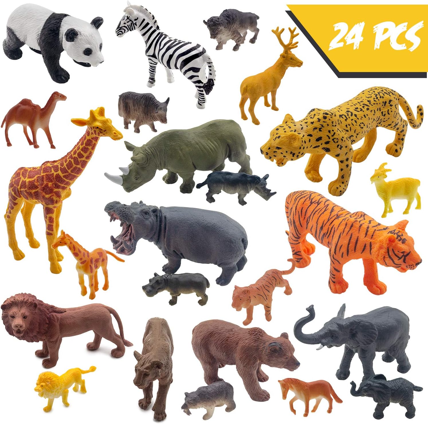 24 PCS Jumbo Safari Animals Figures,Tiger,Lion,Elephant Giraffe,Cheetah,Hippo,Rhino, Panda Plastic Animals Toys for Educational,Kids Toddler Party Supplies