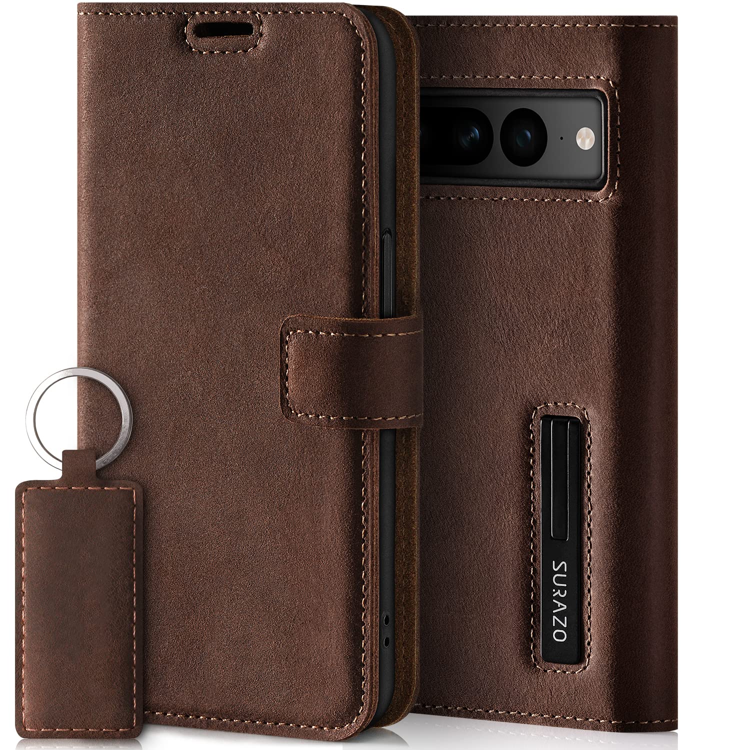 Surazo Leather Wallet Mobile Phone Case Compatible with Google Pixel 7 Pro - Flip & Fold Smartphone Case with Stand, RFID Blocker, Magnet Closure, 3 Slots for Bank Cards - Handcrafted European Leather