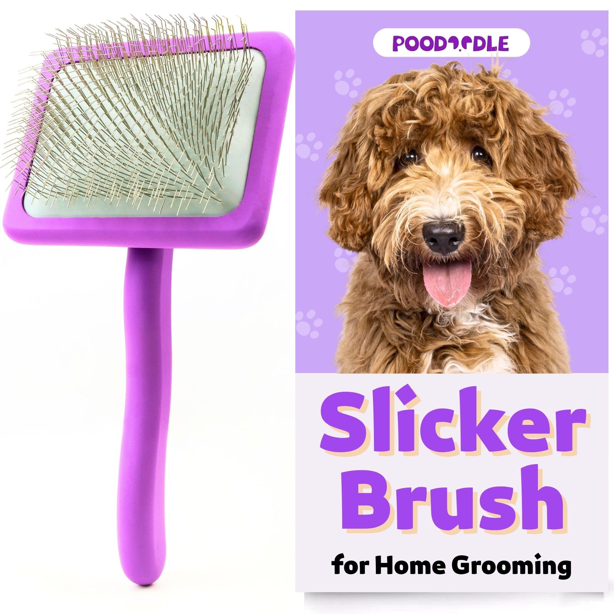 Poodoodle Dog Slicker Brush for Goldendoodle, Labradoodle & All Doodle Mix, Long Pin Wood Dog Brush for Long Haired Dogs, Tailored for Poodles & Doodles, Golden Doodle Brush for Grooming - Large