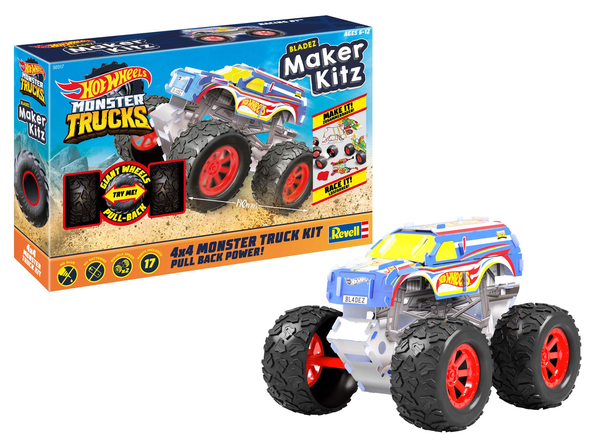 Revell 50317 Monster Truck Racing #1, Toy Car 1:32 with Jumping Jump, Hot Wheels Maker, Assemble and Drive, with Pull Back Motor, White/Blue โ image 1