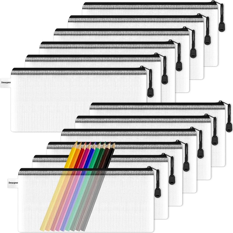 Smarpau A6 Clear Pencil Case 12 Pack Mesh Document Bags Zipper Wallets Black