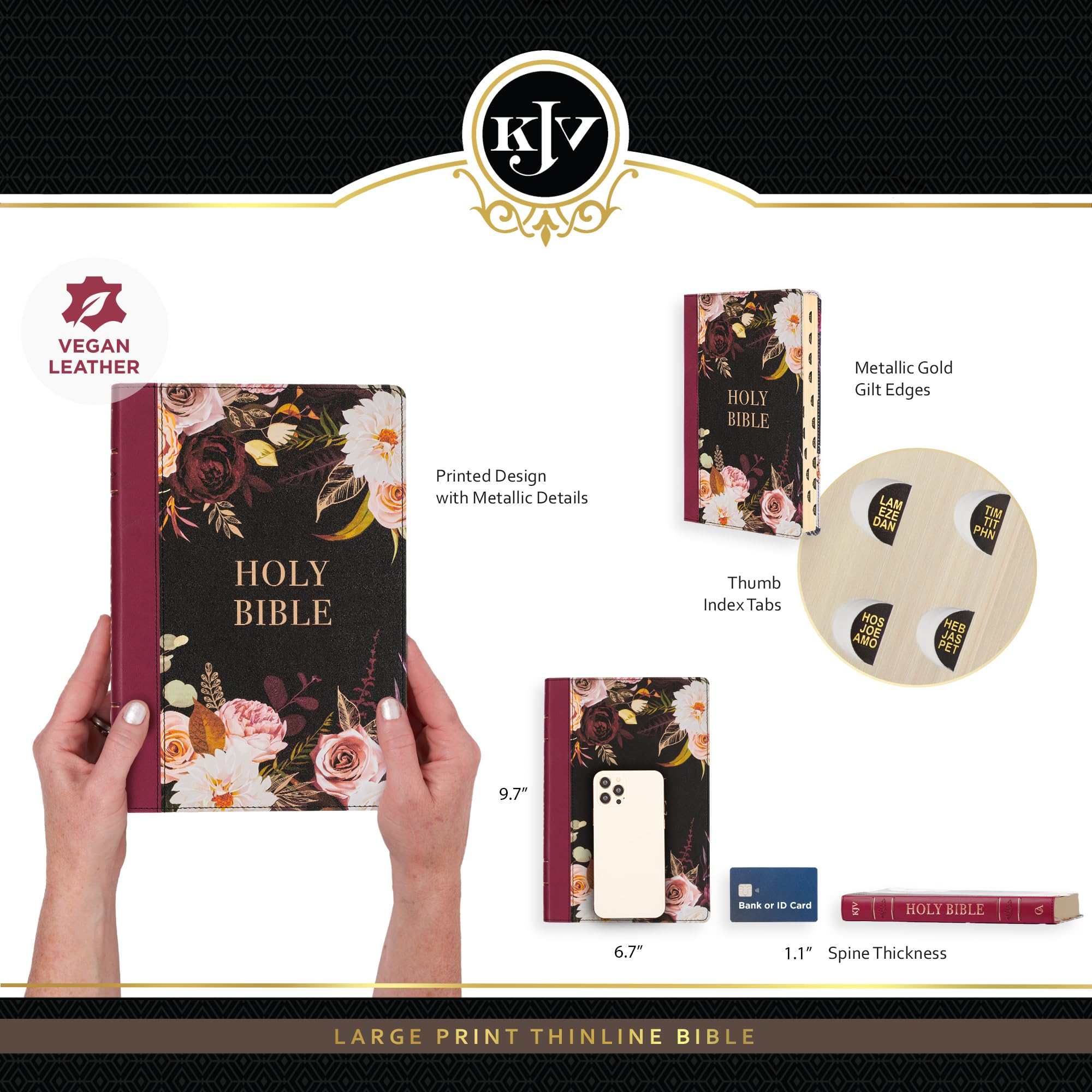 KJV Holy Bible, Thinline Large Print Faux Leather Red Letter Edition Thumb Index, Ribbon Marker, King James Version, Black/Burgundy Printed Floral (KJV Thinline LP Editions)