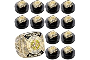 Landical 12 Pcs Softball Champion Rings Softball Championship Trophy Rings Sport Ball Games Award Gift with Display Neck Chain and Stand for Tournament or Champion Winner