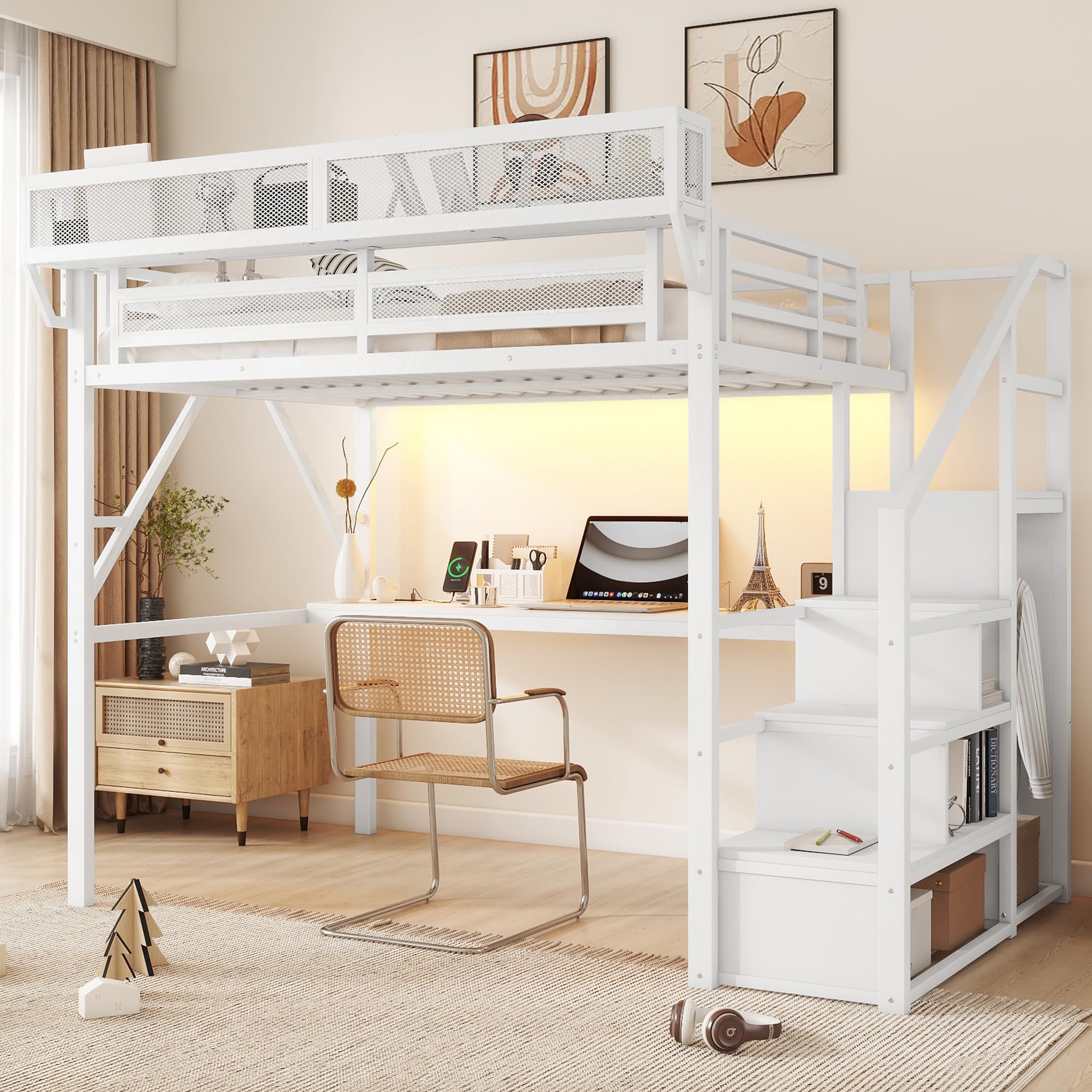 Photo 1 of **MISSING PARTS** KEIKI Full Size Metal Loft Bed Frame with Desk, Staircase, Built-in Storage Shelves and Wardrobe, Modern Loft Bed with Solid Slats, Guardrail, No Box Spring Required, Easy Assembly, for Bedroom, White
