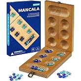 BOPIPA Mancala Board Game Set - Wooden Folding Design with Locking Latch | 56 Colorful Glass Stones, Portable 2-Player Table Strategy Game, For Kids and Adults, Fun for Family Game Night, Travel Size