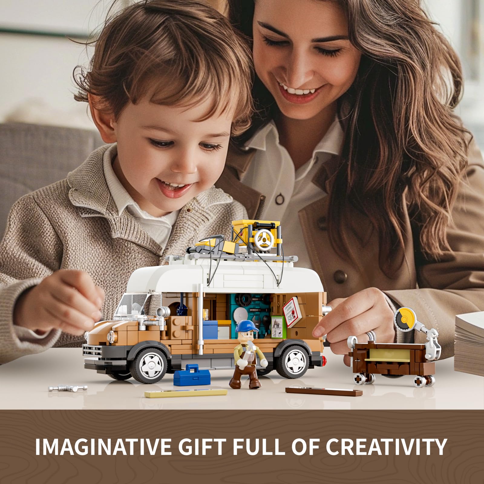 FUNWHOLE Schreinerwagen Beleuchtung Baukasten - Bauernholzarbeiter Technik Auto Sammlerstück Display Set 496 Teile für Erwachsene und Teenager 6